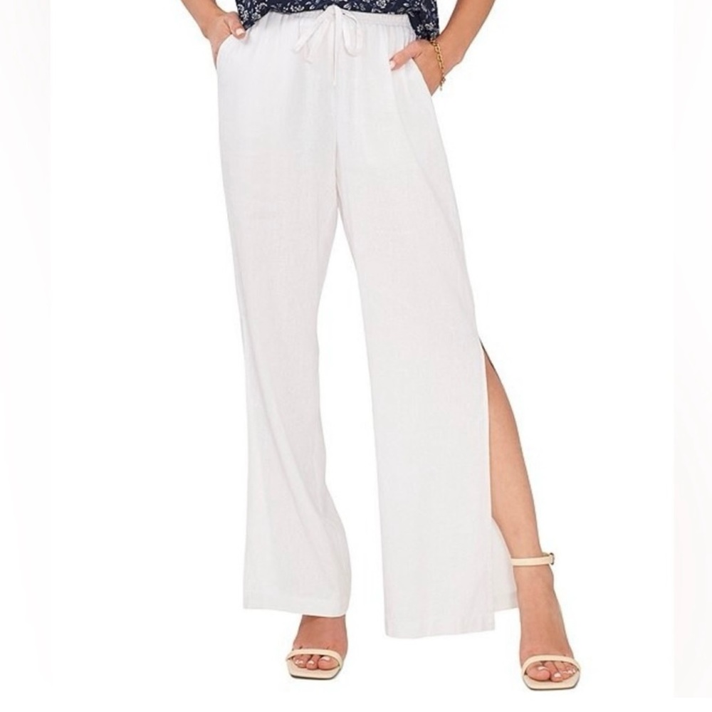 Vince Camuto white linen blend wide leg pants stretch waist size 2X side slits
